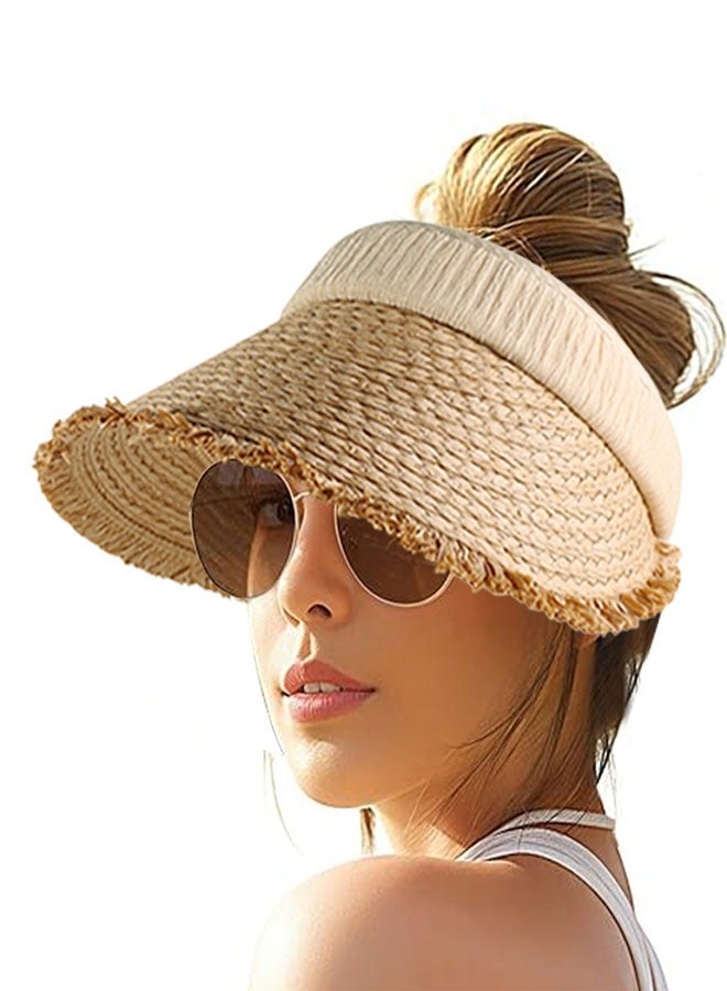 HAWAWA Women's Sun Visor Hats Wide Brim Straw Visors Foldable Beach Visors Summer Roll Up Ponytail Beach Hat  for Women Girl Travel Beige - Image 1