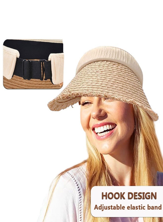 HAWAWA Women's Sun Visor Hats Wide Brim Straw Visors Foldable Beach Visors Summer Roll Up Ponytail Beach Hat  for Women Girl Travel Beige - Image 3
