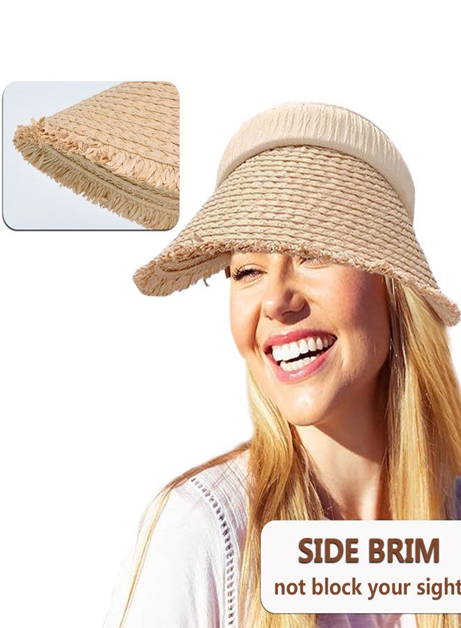 HAWAWA Women's Sun Visor Hats Wide Brim Straw Visors Foldable Beach Visors Summer Roll Up Ponytail Beach Hat  for Women Girl Travel Beige - Image 2