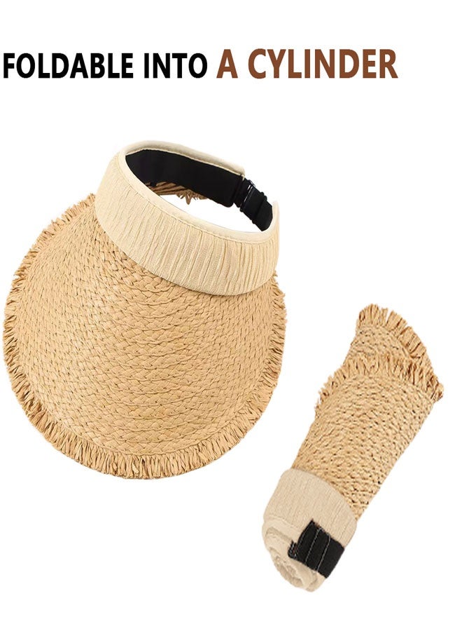 HAWAWA Women's Sun Visor Hats Wide Brim Straw Visors Foldable Beach Visors Summer Roll Up Ponytail Beach Hat  for Women Girl Travel Beige - Image 5