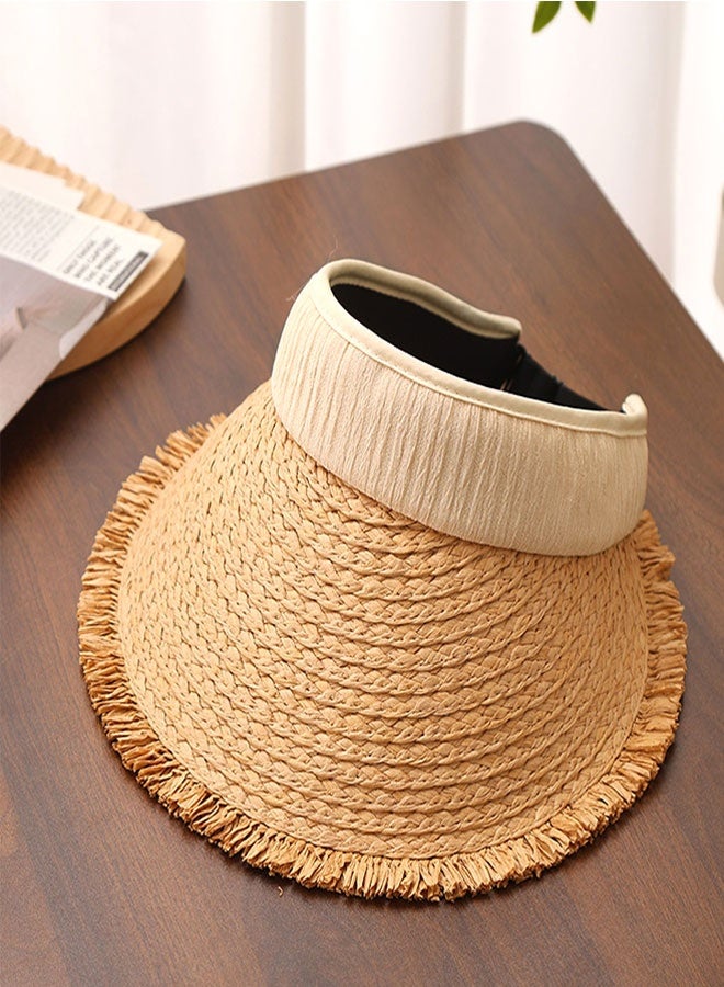 HAWAWA Women's Sun Visor Hats Wide Brim Straw Visors Foldable Beach Visors Summer Roll Up Ponytail Beach Hat  for Women Girl Travel Beige - Image 4