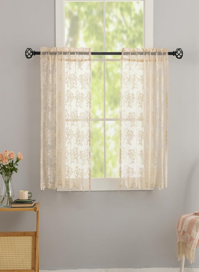 YJ YANJUN Beige Lace Cafe Curtains 30 inch Length Short Vintage Kitchen Curtains 2 Panles,Light Filtering Sheer Tiers, Rod Pocket, Small Window Drapes for Bathroom Laundry Room Kitchen Each 26x30 Inch - Image 1