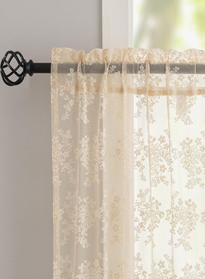 YJ YANJUN Beige Lace Cafe Curtains 30 inch Length Short Vintage Kitchen Curtains 2 Panles,Light Filtering Sheer Tiers, Rod Pocket, Small Window Drapes for Bathroom Laundry Room Kitchen Each 26x30 Inch - Image 2