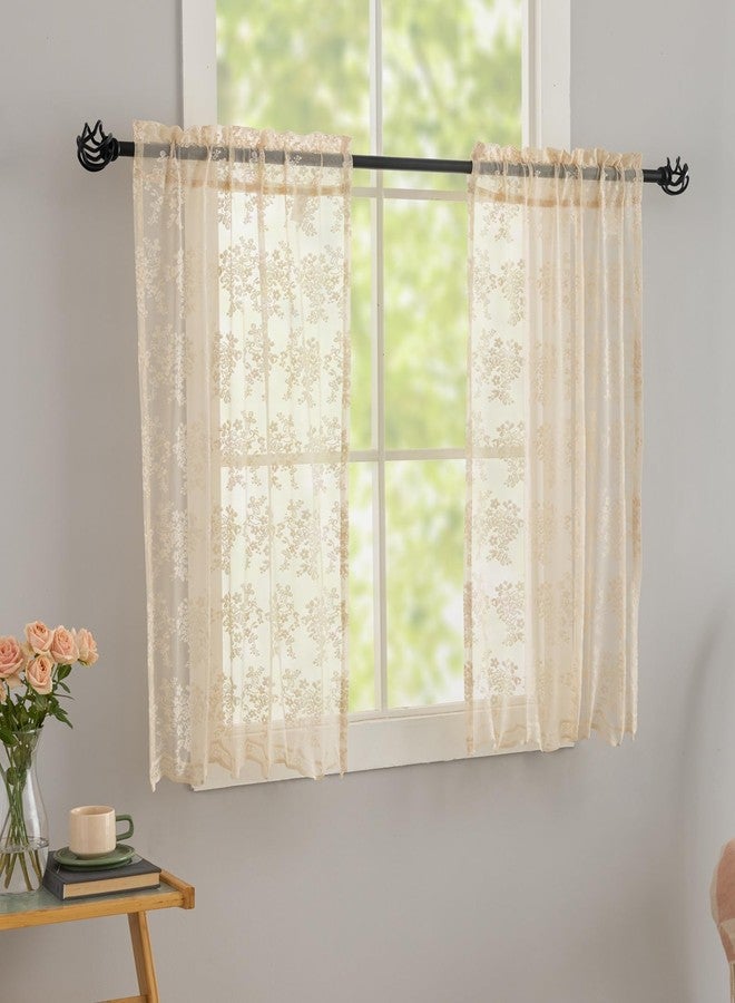 YJ YANJUN Beige Lace Cafe Curtains 30 inch Length Short Vintage Kitchen Curtains 2 Panles,Light Filtering Sheer Tiers, Rod Pocket, Small Window Drapes for Bathroom Laundry Room Kitchen Each 26x30 Inch - Image 3