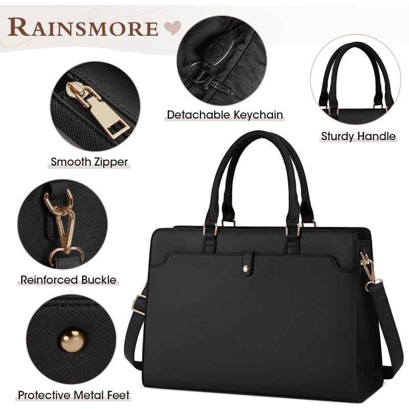 RAINSMORE حقيبة لابتوب رينسمور للنساء 15.6 بوصة حقيبة توت جلدية للعمل حقيبة مقاومة للماء حقيبة عمل نسائية لحقيبة الكمبيوتر الكبيرة سعة كبيرة حقيبة يد حقيبة كتف سوداء - Image 2