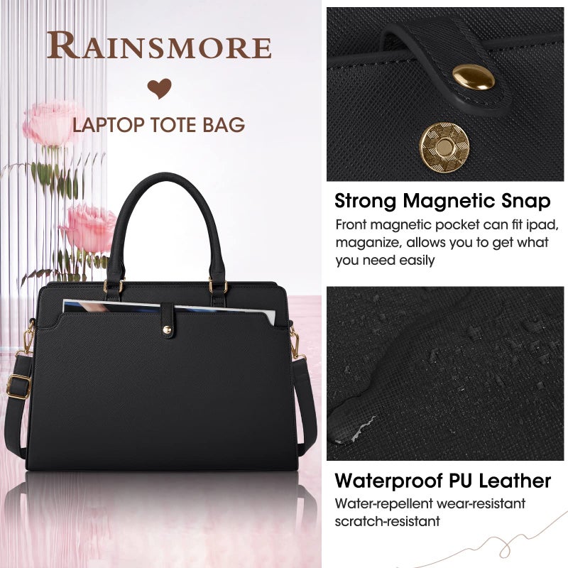 RAINSMORE حقيبة لابتوب رينسمور للنساء 15.6 بوصة حقيبة توت جلدية للعمل حقيبة مقاومة للماء حقيبة عمل نسائية لحقيبة الكمبيوتر الكبيرة سعة كبيرة حقيبة يد حقيبة كتف سوداء - Image 3