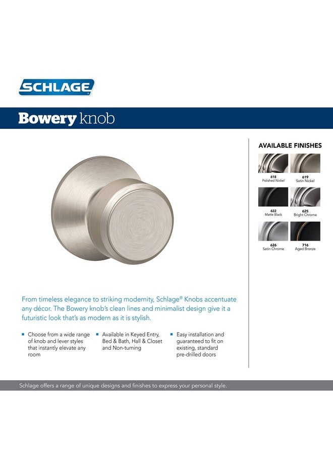 شليدح مقبض باب Schlage F170 BWE 622 Bowery، مقبض باب وهمي غير قابل للدوران من جانب واحد، أسود غير لامع - Image 1