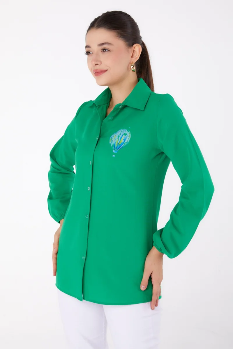 Tofisa Plain Shirt Collar Women's Green Printed Shirt - 13341