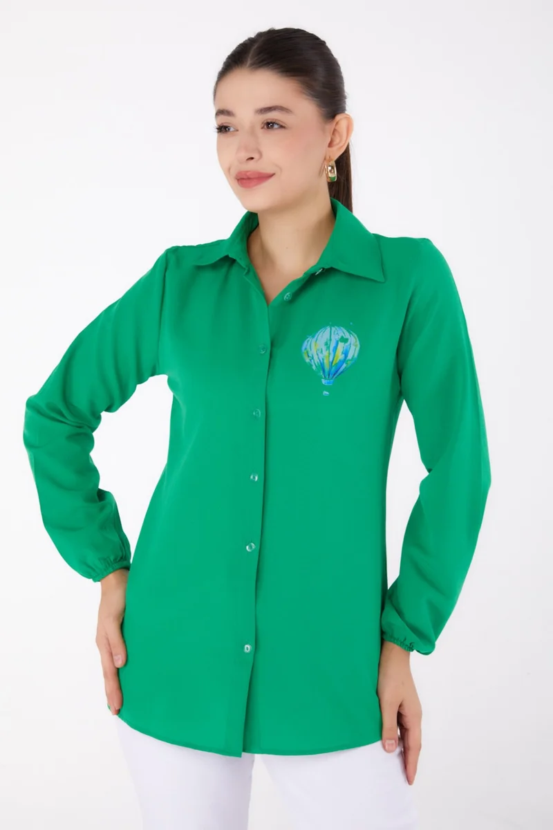 Tofisa Plain Shirt Collar Women's Green Printed Shirt - 13341