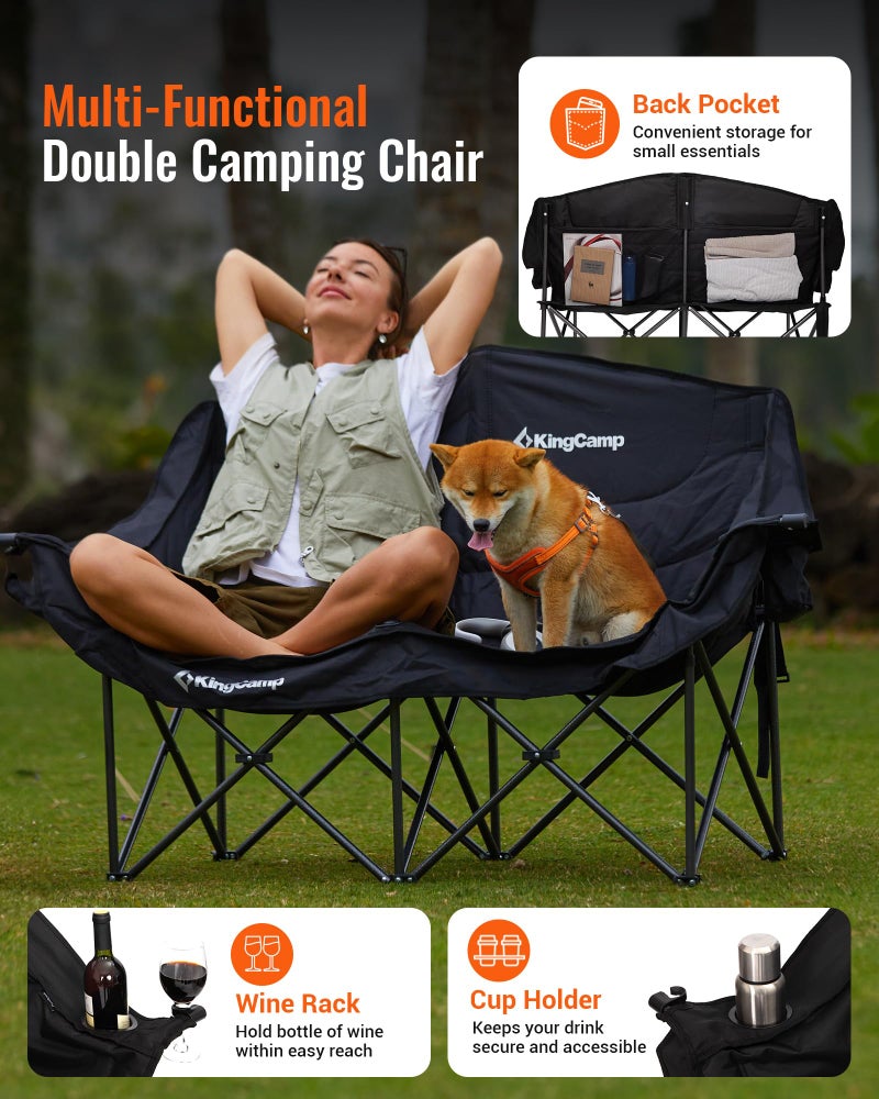 KingCamp Double Camping Chair, Oversized 880lbs Heavy Duty Loveseat for Adults Portable Folding XL 2 Person Couch Padded Comfortable Two Seat with Cup Holder for Outdoor Lawn Backyard, Black - Image 5