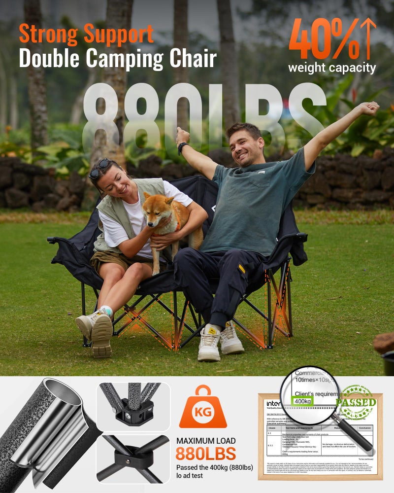 KingCamp Double Camping Chair, Oversized 880lbs Heavy Duty Loveseat for Adults Portable Folding XL 2 Person Couch Padded Comfortable Two Seat with Cup Holder for Outdoor Lawn Backyard, Black - Image 4