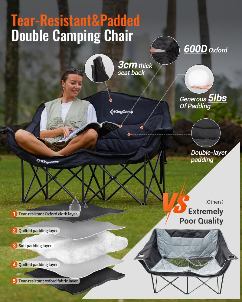 KingCamp Double Camping Chair, Oversized 880lbs Heavy Duty Loveseat for Adults Portable Folding XL 2 Person Couch Padded Comfortable Two Seat with Cup Holder for Outdoor Lawn Backyard, Black - Image 3