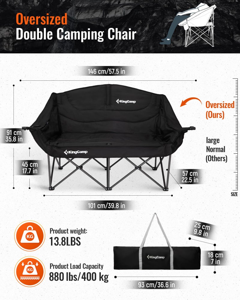 KingCamp Double Camping Chair, Oversized 880lbs Heavy Duty Loveseat for Adults Portable Folding XL 2 Person Couch Padded Comfortable Two Seat with Cup Holder for Outdoor Lawn Backyard, Black - Image 2
