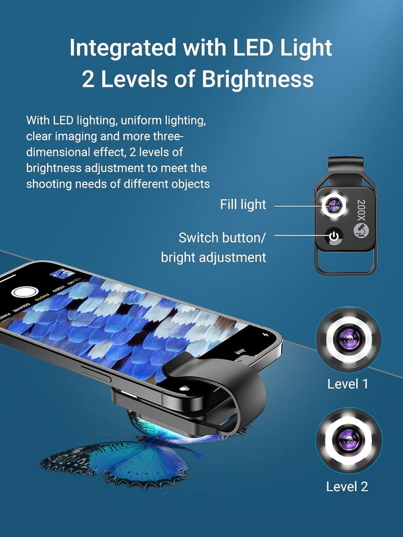 Miao Lab 200X Phone Mini Pocket Microscope with LED Light/Universal Clip, Nano Zoom Portable Digital Microscope Camera Attachments for 99% Smartphone, Microworld for Kids Adults - Image 4