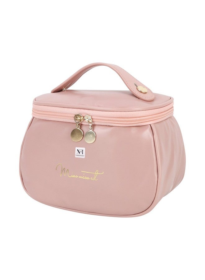 NFI essentials Cosmetic Travel Organizer Bag, Women's Makeup Pouch Toiletry Bag Portable Leather Wide Opening Cosmetics Bag With Handle For Girls, 12Cm, Pink - Image 1