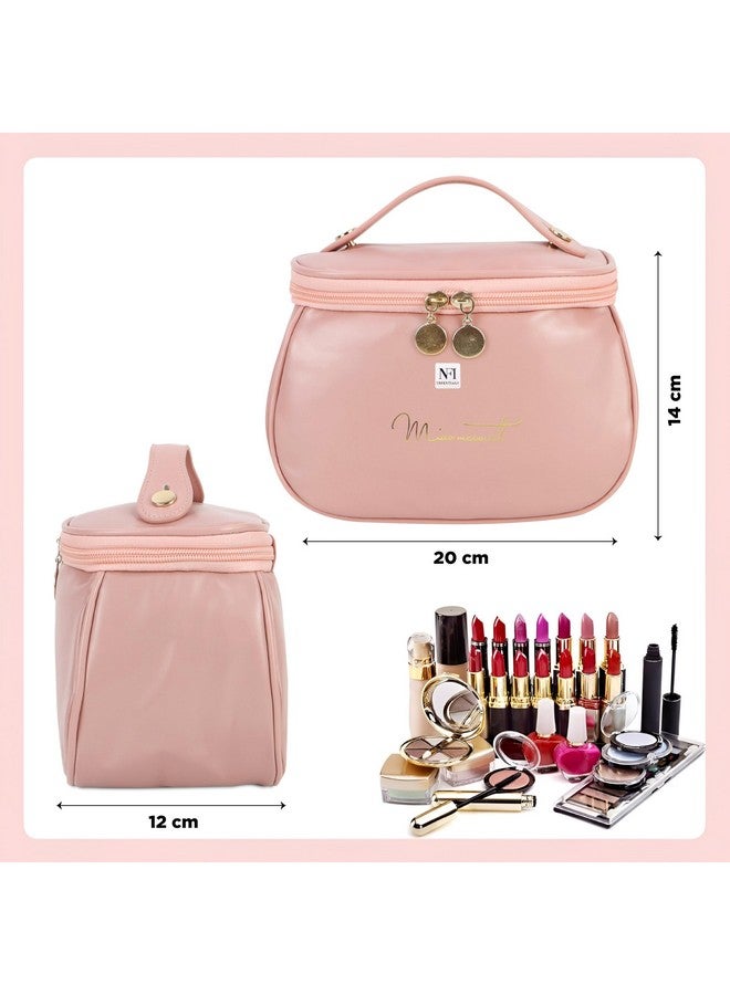 NFI essentials Cosmetic Travel Organizer Bag, Women's Makeup Pouch Toiletry Bag Portable Leather Wide Opening Cosmetics Bag With Handle For Girls, 12Cm, Pink - Image 4
