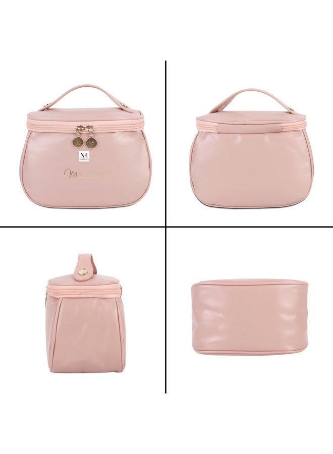 NFI essentials Cosmetic Travel Organizer Bag, Women's Makeup Pouch Toiletry Bag Portable Leather Wide Opening Cosmetics Bag With Handle For Girls, 12Cm, Pink - Image 3