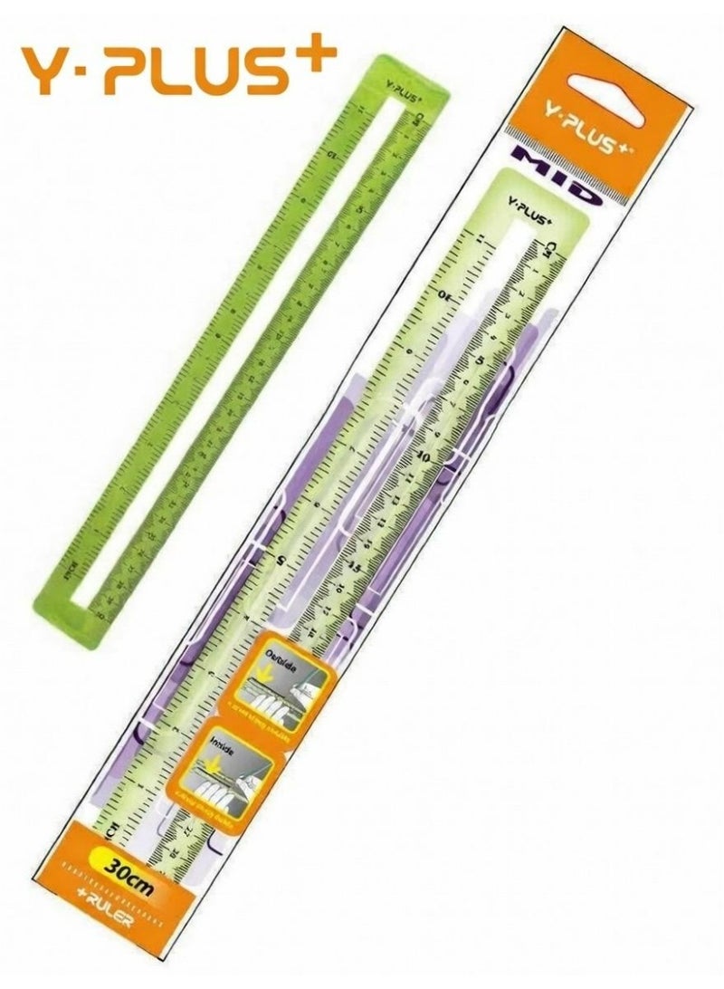 YPlus Y-Plus+ MID Ruler, 30cm - Flexible, transparent, and shatterproof plastic ruler with dual scale (cm/inch) for school and office supplies - Image 1