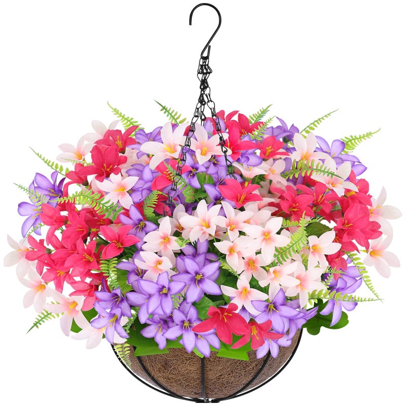 Grandeal Artificial Faux Hanging Plants Flowers Basket for Outdoors Spring Summer Decoration, Hanging Planters with Fake Silk Hyacinth Flower UV Resistant for Outside Porch Patio Balcony Garden Purple Fuchsia - Image 1