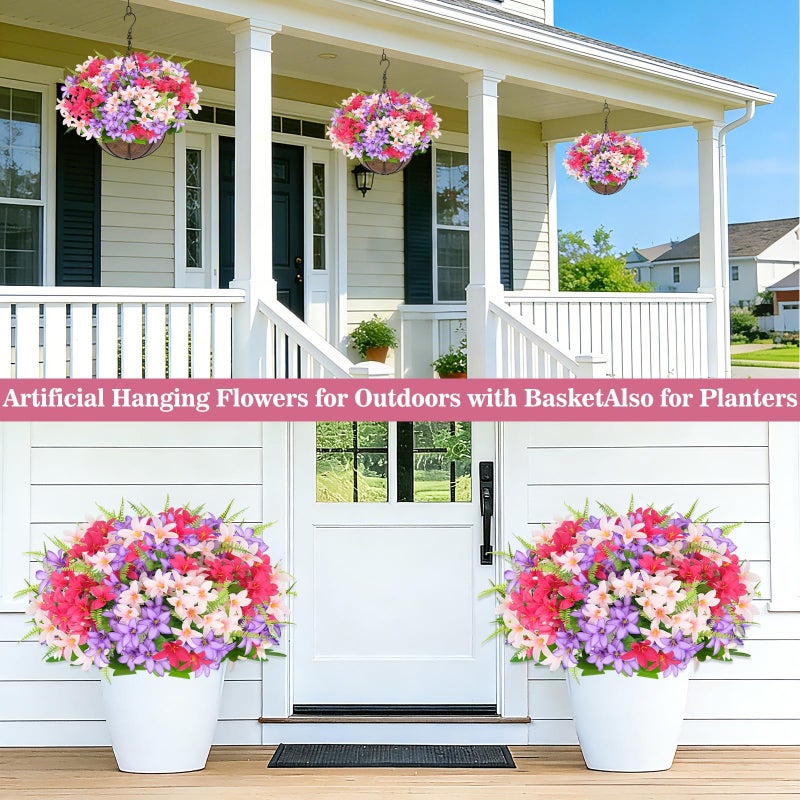 Grandeal Artificial Faux Hanging Plants Flowers Basket for Outdoors Spring Summer Decoration, Hanging Planters with Fake Silk Hyacinth Flower UV Resistant for Outside Porch Patio Balcony Garden Purple Fuchsia - Image 2