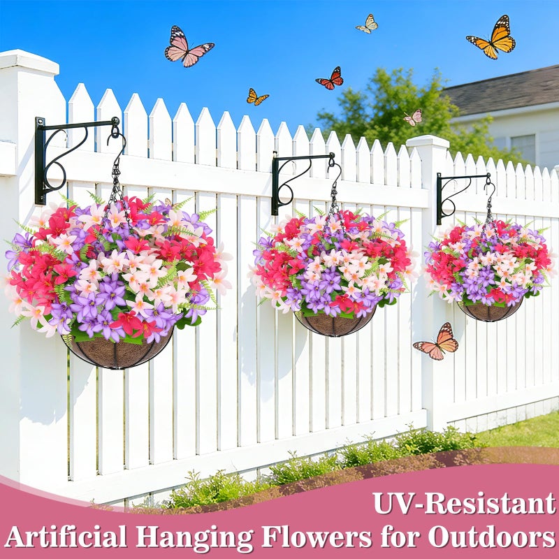 Grandeal Artificial Faux Hanging Plants Flowers Basket for Outdoors Spring Summer Decoration, Hanging Planters with Fake Silk Hyacinth Flower UV Resistant for Outside Porch Patio Balcony Garden Purple Fuchsia - Image 4
