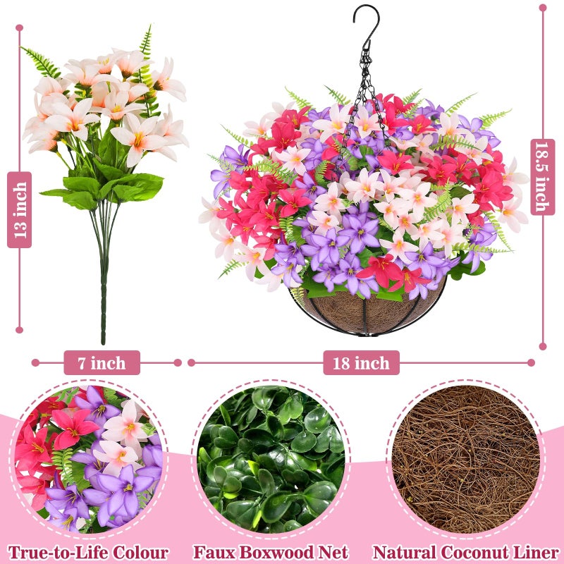 Grandeal Artificial Faux Hanging Plants Flowers Basket for Outdoors Spring Summer Decoration, Hanging Planters with Fake Silk Hyacinth Flower UV Resistant for Outside Porch Patio Balcony Garden Purple Fuchsia - Image 3