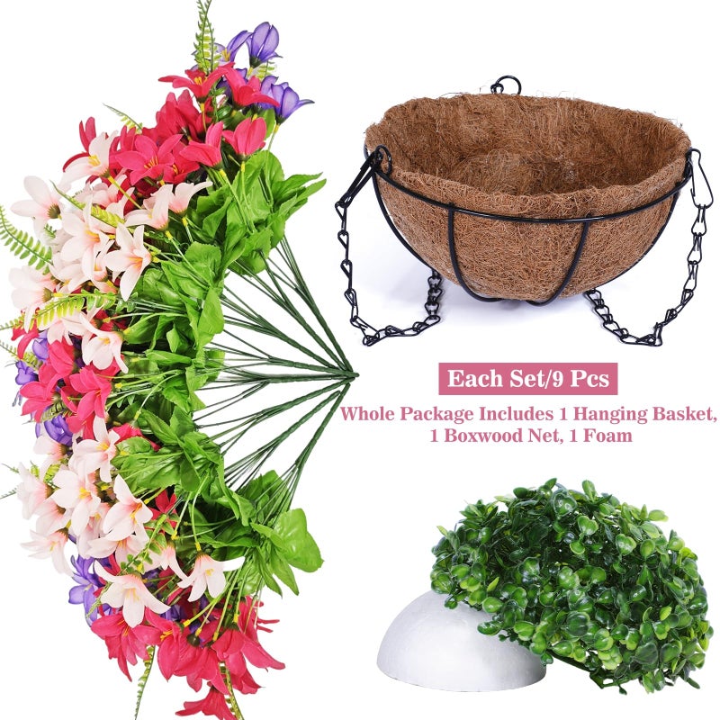 Grandeal Artificial Faux Hanging Plants Flowers Basket for Outdoors Spring Summer Decoration, Hanging Planters with Fake Silk Hyacinth Flower UV Resistant for Outside Porch Patio Balcony Garden Purple Fuchsia - Image 5