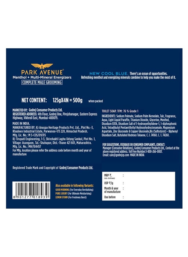 Park Avenue Premium Men’S Soaps For Bath - Cool Blue | 125G (Pack Of 4) | Menthol & Mineral Energizer | Grade 1 Soap | For All Skin Types  - Image 2