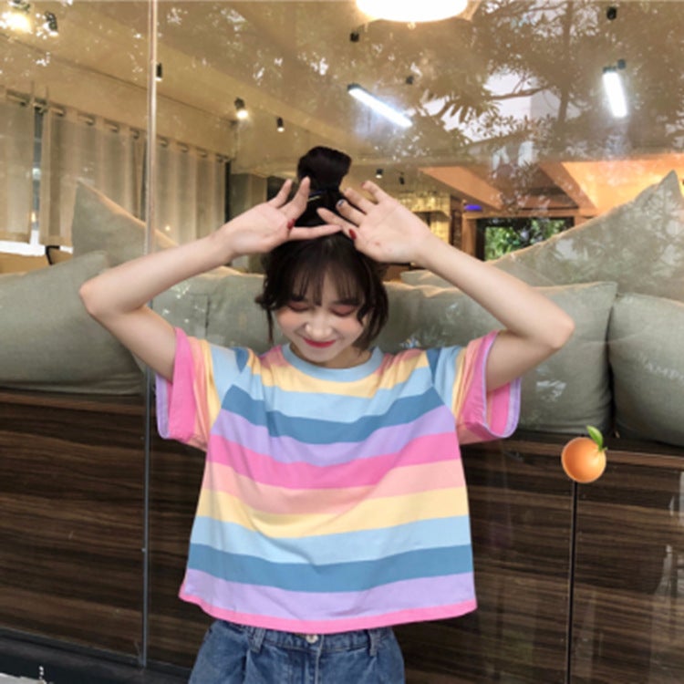 Cross-border 2021 Summer New Round Neck Short-sleeved Rainbow Striped T-shirt Hyun-elegant Style T-shirt Loose Navel-exposed Womens Top Picture Color