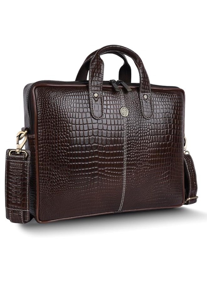  هاموندز فلاي كاتشر حقيبة مكتب من الجلد الأصلي للرجال، حقيبة كمبيوتر محمول مقاس 15.6 بوصة للرجال، حقيبة جلدية احترافية للرجال، أحزمة قابلة للتعديل وحجرات متعددة - جلد تمساح بني - Image 1