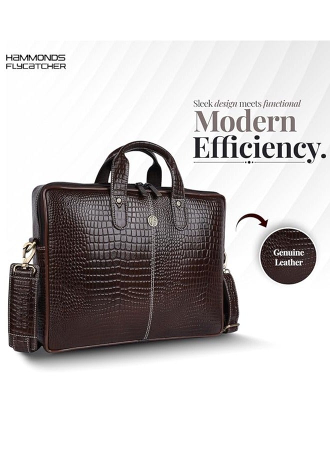  هاموندز فلاي كاتشر حقيبة مكتب من الجلد الأصلي للرجال، حقيبة كمبيوتر محمول مقاس 15.6 بوصة للرجال، حقيبة جلدية احترافية للرجال، أحزمة قابلة للتعديل وحجرات متعددة - جلد تمساح بني - Image 2