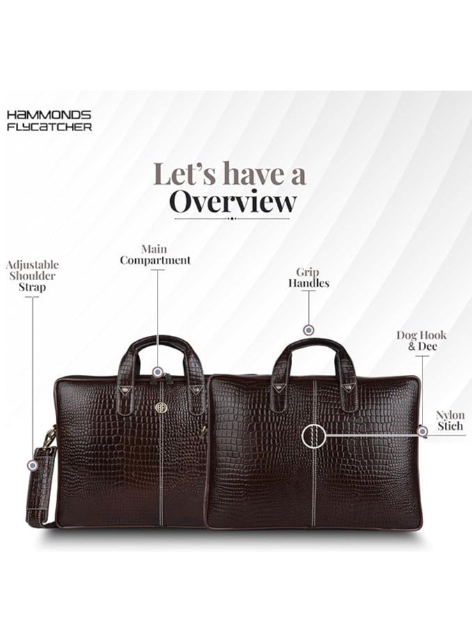  هاموندز فلاي كاتشر حقيبة مكتب من الجلد الأصلي للرجال، حقيبة كمبيوتر محمول مقاس 15.6 بوصة للرجال، حقيبة جلدية احترافية للرجال، أحزمة قابلة للتعديل وحجرات متعددة - جلد تمساح بني - Image 3