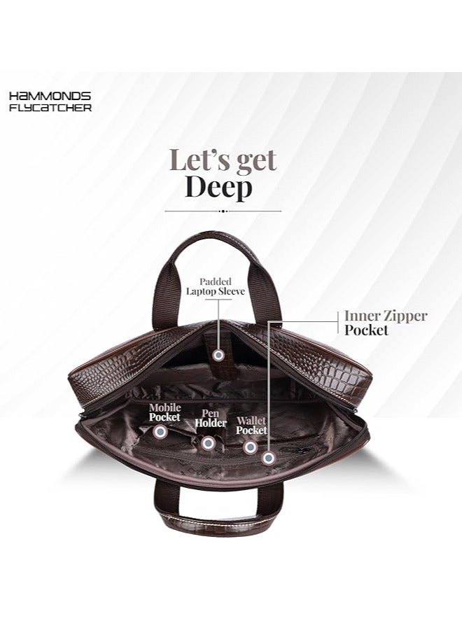  هاموندز فلاي كاتشر حقيبة مكتب من الجلد الأصلي للرجال، حقيبة كمبيوتر محمول مقاس 15.6 بوصة للرجال، حقيبة جلدية احترافية للرجال، أحزمة قابلة للتعديل وحجرات متعددة - جلد تمساح بني - Image 4