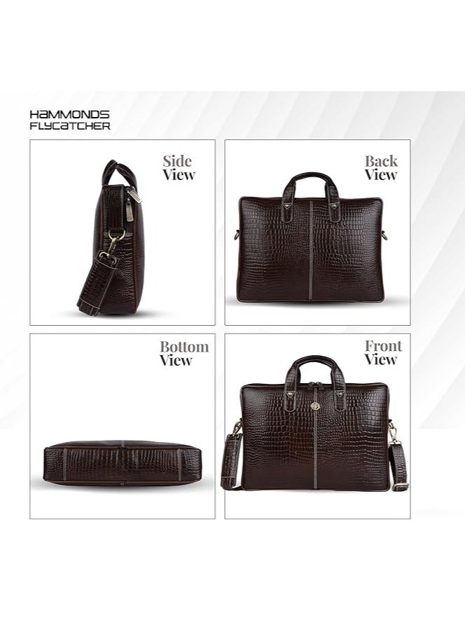  هاموندز فلاي كاتشر حقيبة مكتب من الجلد الأصلي للرجال، حقيبة كمبيوتر محمول مقاس 15.6 بوصة للرجال، حقيبة جلدية احترافية للرجال، أحزمة قابلة للتعديل وحجرات متعددة - جلد تمساح بني - Image 5