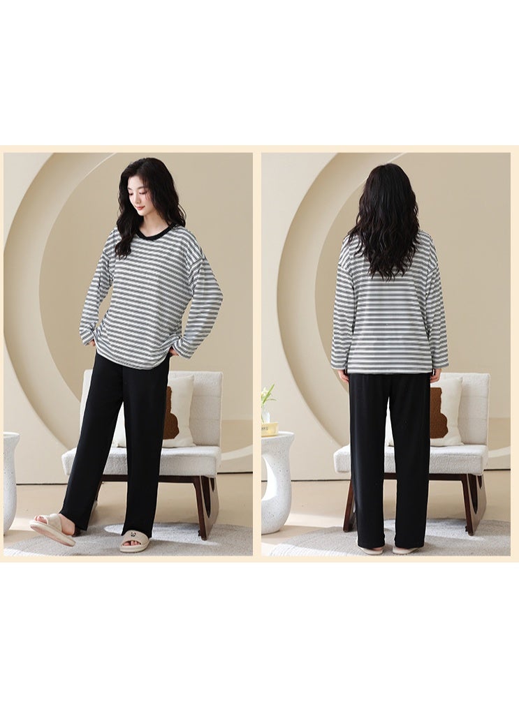 Spring  Pajamas Set Women Comfort Cotton Stripe Long Sleeve Tops With Chest Pat Long Trousers Ladies Pullover  Set - Image 2