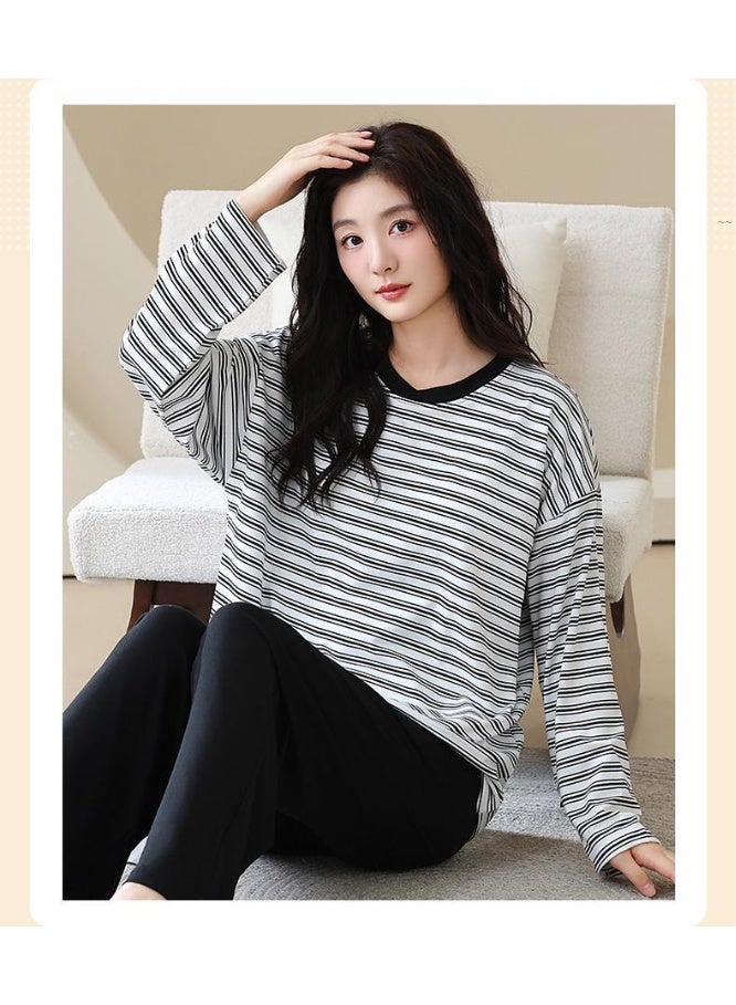 Spring  Pajamas Set Women Comfort Cotton Stripe Long Sleeve Tops With Chest Pat Long Trousers Ladies Pullover  Set - Image 1