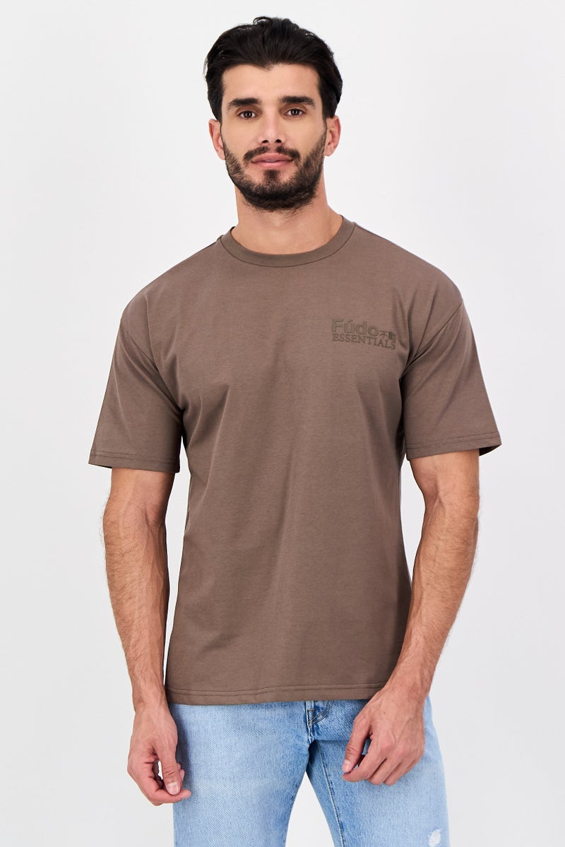 Fudo Men Crew Neck Short Sleeve Brand Logo T-Shirt, Brown - Image 1