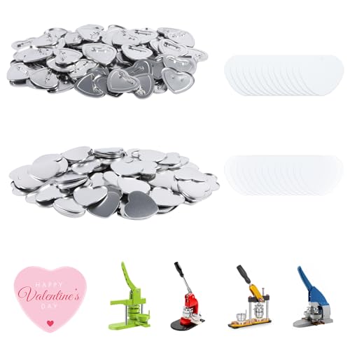 MK.Bear 100 Sets blank heart Button Parts，Pin Maker Supplies for Button Maker Machine Heart，Including Heart-shaped Metal button pin back cover, Metal Covers, Clear Film&Blank Paper - Image 1