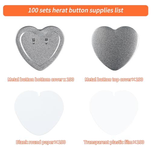 MK.Bear 100 Sets blank heart Button Parts，Pin Maker Supplies for Button Maker Machine Heart，Including Heart-shaped Metal button pin back cover, Metal Covers, Clear Film&Blank Paper - Image 2