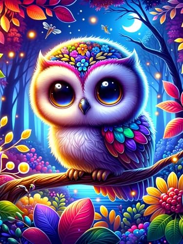 Modern Merch Animal Diamond Art Kits for Adults Night Owl 5D Diamond Painting for Adults Birds DIY Bird Decor Wall Art Cross Stitch Gem Art Round Drill 12x16in - Image 1