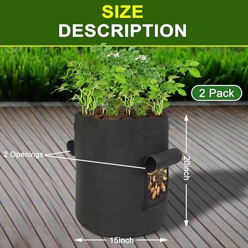 SORANGEUN Potato Grow Bags, 2-Pack 15-Gallon Grow Bags with 2 Flaps and Reinforced Handles, Heavy-Duty Thickened 500G Aeration Fabric Pots for Potatoes, Tomatoes, Flowers, and Vegetables - Image 2