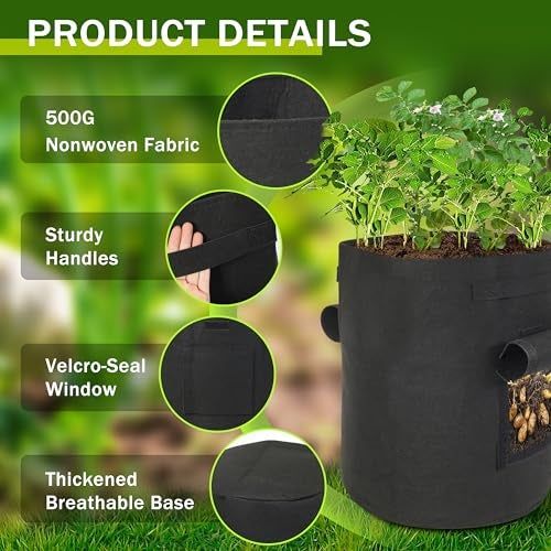 SORANGEUN Potato Grow Bags, 2-Pack 15-Gallon Grow Bags with 2 Flaps and Reinforced Handles, Heavy-Duty Thickened 500G Aeration Fabric Pots for Potatoes, Tomatoes, Flowers, and Vegetables - Image 3
