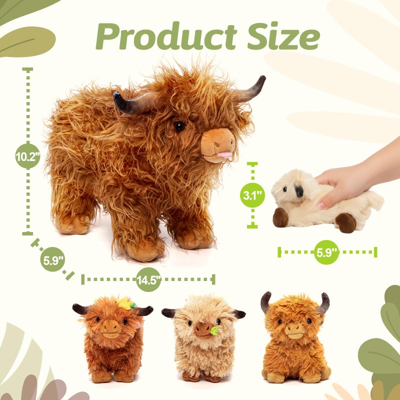 OUOZZZ Highland Cow Stuffed Animal â€“ 14.5" Large Realistic Fluffy Cow Plush Toy with 4 Baby Calves â€“ Travel-Friendly & Portable Gift for Baby Girls, Boys, Toddlers & Kids 3 Year Old - Image 3