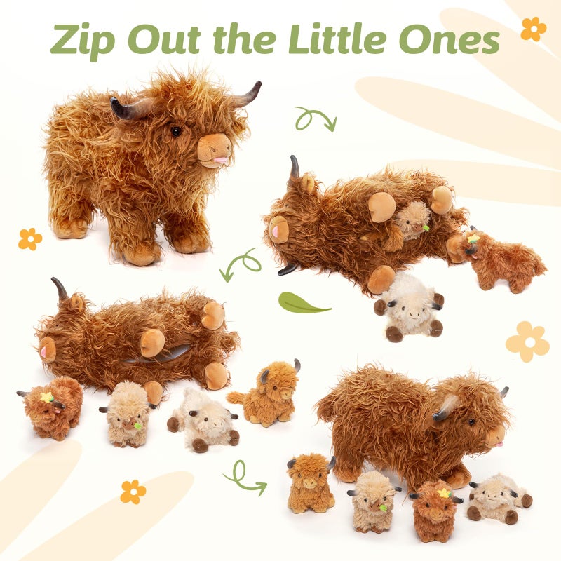 OUOZZZ Highland Cow Stuffed Animal â€“ 14.5" Large Realistic Fluffy Cow Plush Toy with 4 Baby Calves â€“ Travel-Friendly & Portable Gift for Baby Girls, Boys, Toddlers & Kids 3 Year Old - Image 2