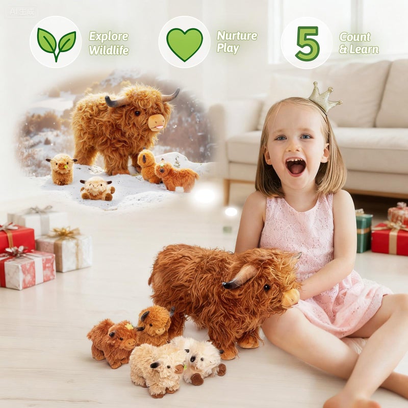 OUOZZZ Highland Cow Stuffed Animal â€“ 14.5" Large Realistic Fluffy Cow Plush Toy with 4 Baby Calves â€“ Travel-Friendly & Portable Gift for Baby Girls, Boys, Toddlers & Kids 3 Year Old - Image 4