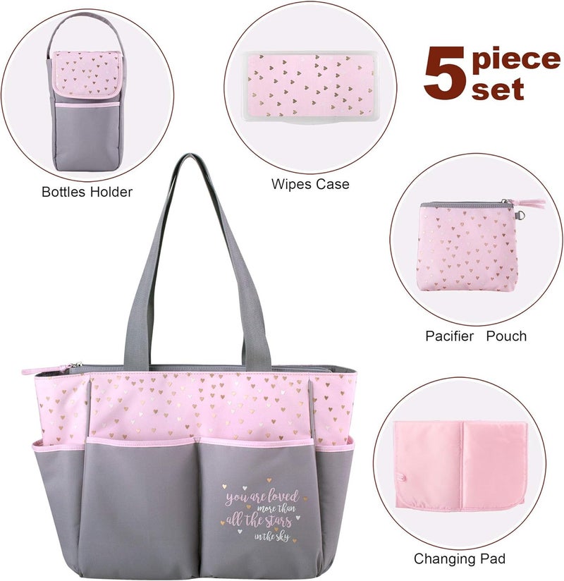 Baby Essentials Diaper Bag Tote 5 Piece Set (Pink/Grey) - Image 4