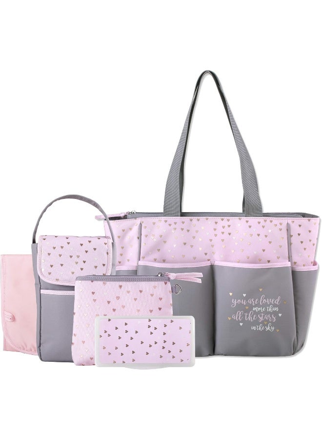 Baby Essentials Diaper Bag Tote 5 Piece Set (Pink/Grey) - Image 1