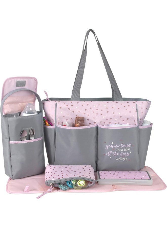 Baby Essentials Diaper Bag Tote 5 Piece Set (Pink/Grey) - Image 2