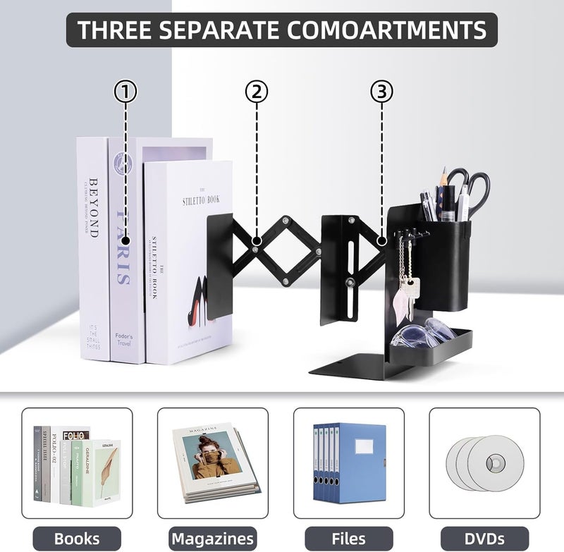 Clefairy Expandable Metal Bookend, Adjustable Bookend Book Holder for Shelves, Metal Book End Magazine Holder with Pen Holder - Image 2