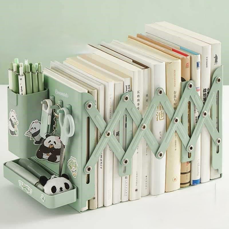 Clefairy Expandable Metal Bookend, Adjustable Bookend Book Holder for Shelves, Metal Book End Magazine Holder with Pen Holder - Image 1